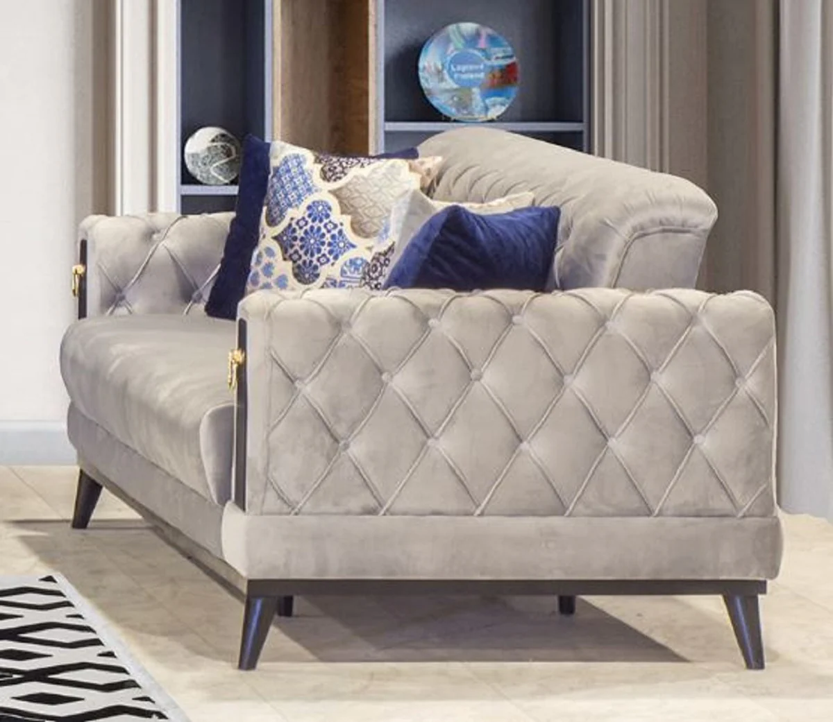 Casa Padrino sof¨¢ cama Chesterfield gris / negro / oro 222 x 90 x A. 80 cm - Sof¨¢ de sal¨®n moderno - Muebles Chesterfield - Muebles de Sal¨®n