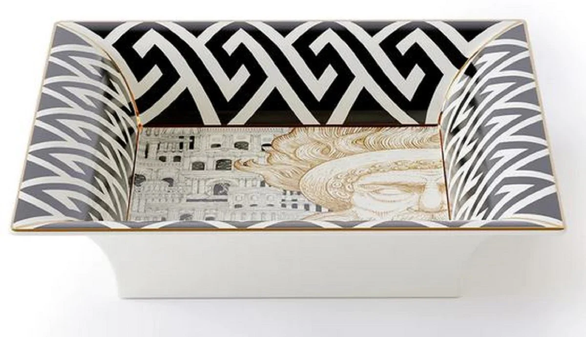 Casa Padrino cuenco decorativo de lujo dios blanco / negro / oro 20,5 x 17,5 x A. 13,5 cm - Cuenco de porcelana pintada a mano - Calidad de lujo - Hecho en Italia