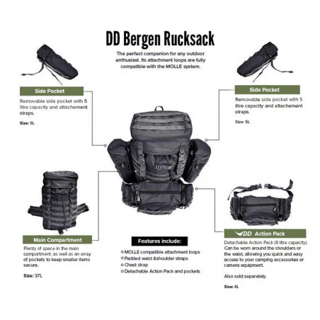 DD Hammocks Bergen Rucksack 55L negra - Mochila táctica de bushcraft