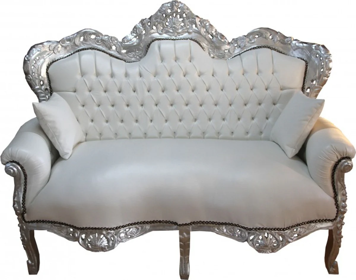 Casa Padrino Baroque King 2-seater white leather look / Silver - living room couch furniture Lounge