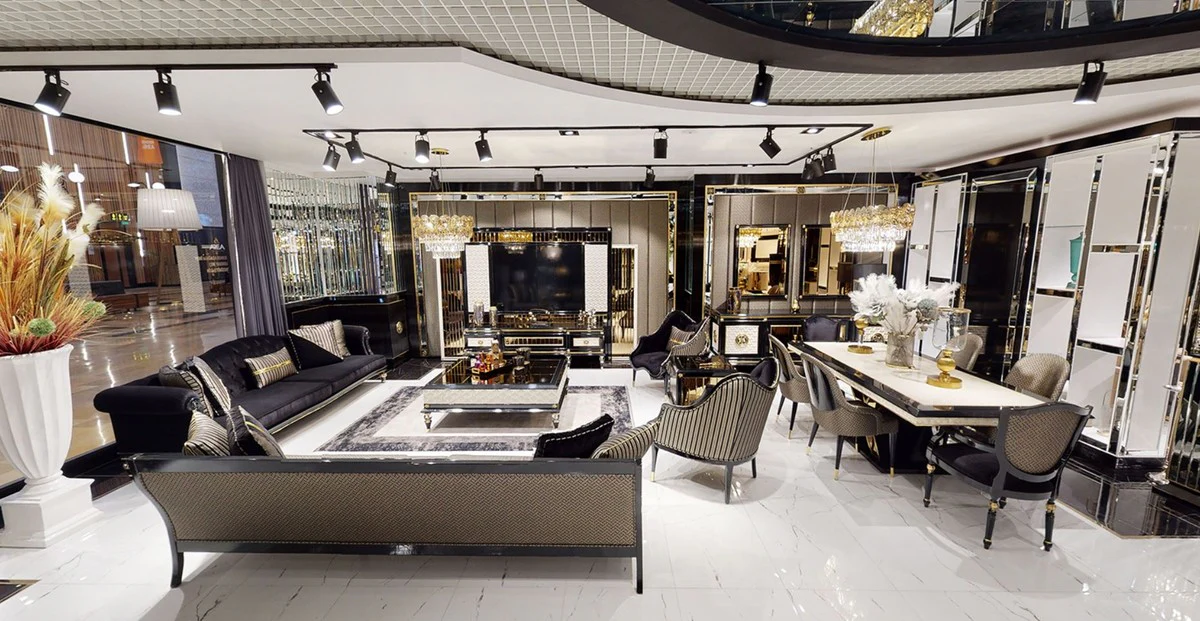 Casa Padrino mesa de centro Art Deco de lujo negro / crema / oro - Magn¨ªfica mesa de sal¨®n de madera maciza - Muebles de Sal¨®n Art Deco de Lujo