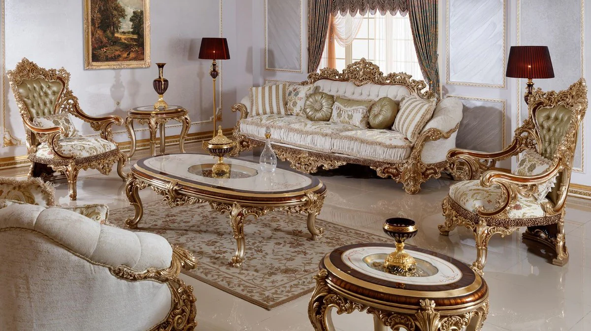 Casa Padrino mesa de centro barroco de lujo blanco / marr¨®n / oro - Magn¨ªfica mesa de sal¨®n con tapa de vidrio - Muebles de sal¨®n barrocos - Noble y Magn¨ªfica