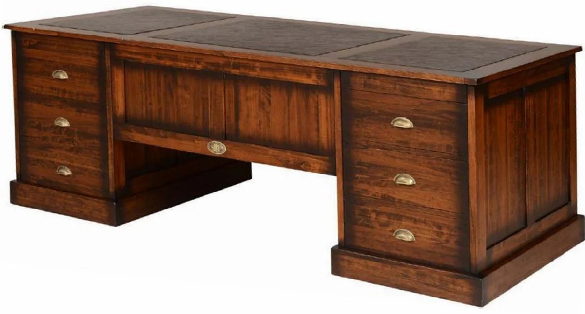 Casa Padrino escritorio de estilo vintage de lujo marrón 220 x 95 x A. 78,5 cm - Mesa de oficina con 12 cajones - Muebles de oficina estilo vintage - Muebles de oficina de madera maciza de lujo