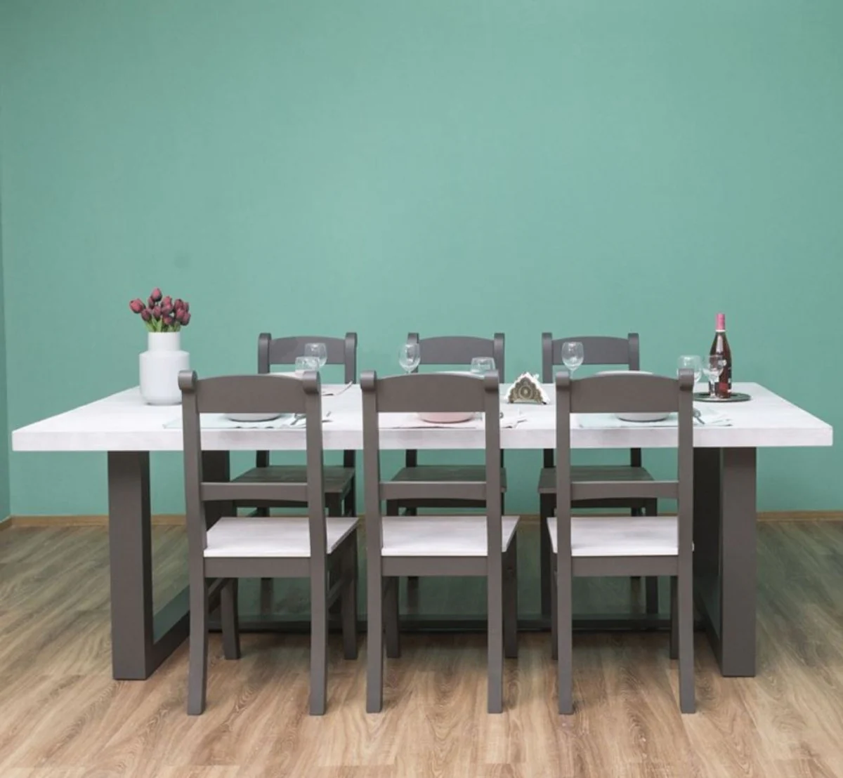 Casa Padrino conjunto de muebles de comedor de estilo campestre gris claro / gris - 1 Mesa de Comedor y 6 Sillas de Comedor - Muebles de comedor de madera maciza - Muebles de estilo campestre