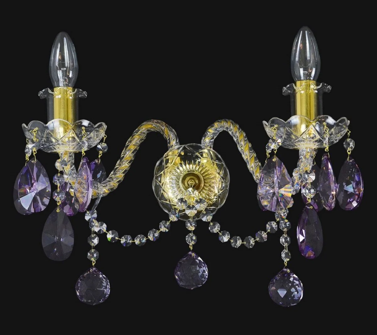 Casa Padrino lámpara de pared doble barroco de lujo oro / púrpura 38 x 20 x A. 26 cm - Lámpara de pared de estilo barroco con colgantes de cristal - Luces barrocos - Noble y magnífica
