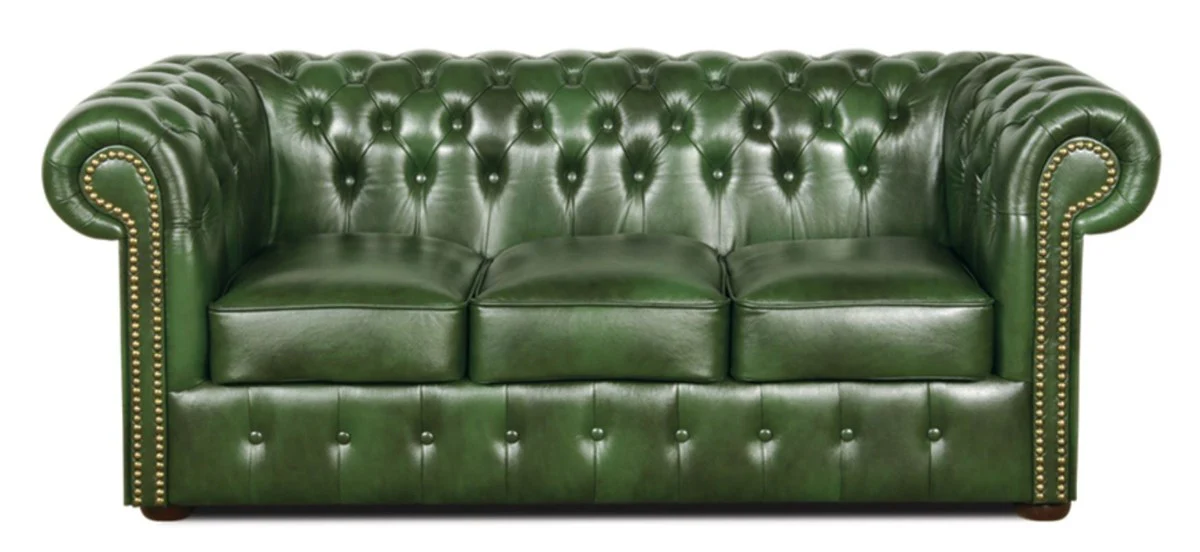 Casa Padrino Chesterfield Sof¨¢ 3 Plazas de Cuero Genuino Verde 200 x 90 x H. 78 cm - Colecci¨®n de Lujo
