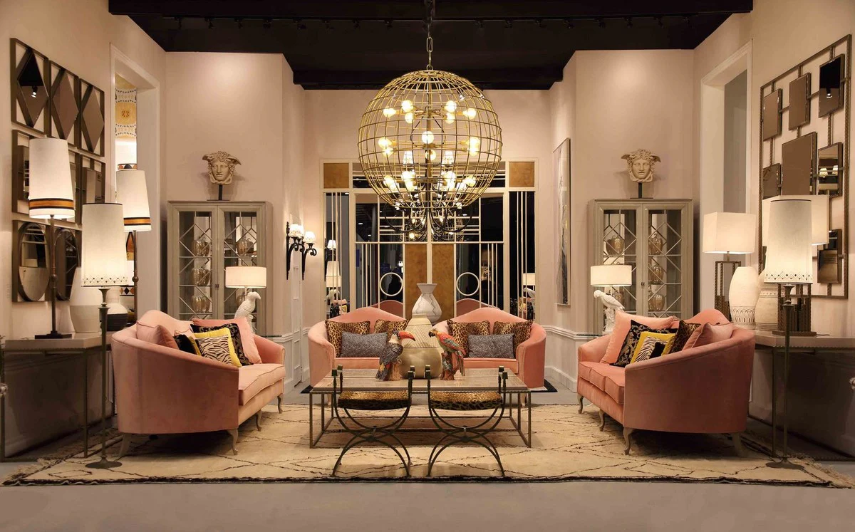 Casa Padrino sof¨¢ de terciopelo barroco de lujo rosa / gris 280 x 90 x A. 100 cm - Noble sof¨¢ de sal¨®n con cojines decorativos - Muebles de sal¨®n barrocos - Calidad de Lujo