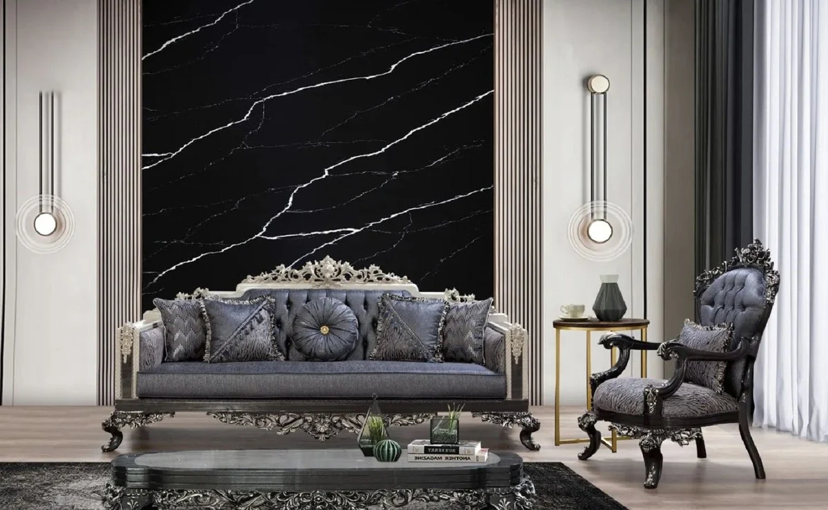 Casa Padrino mesa de centro barroco de lujo gris / negro / plata - Mesa de sal¨®n de madera maciza hecha a mano - Magn¨ªficos muebles de sal¨®n de madera maciza de estilo barroco