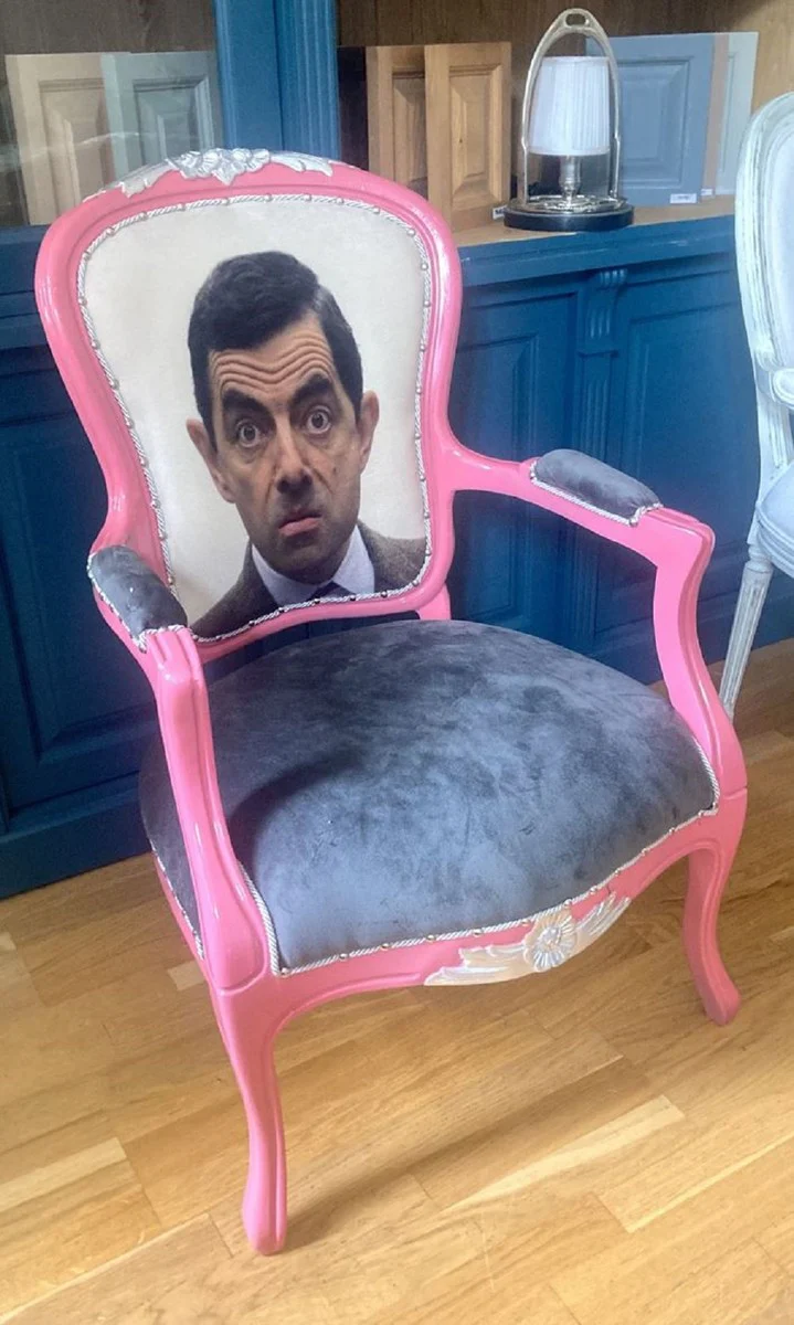 Casa Padrino Silla de Salón Barroco de Lujo Cara Gris / Rosa / Plata