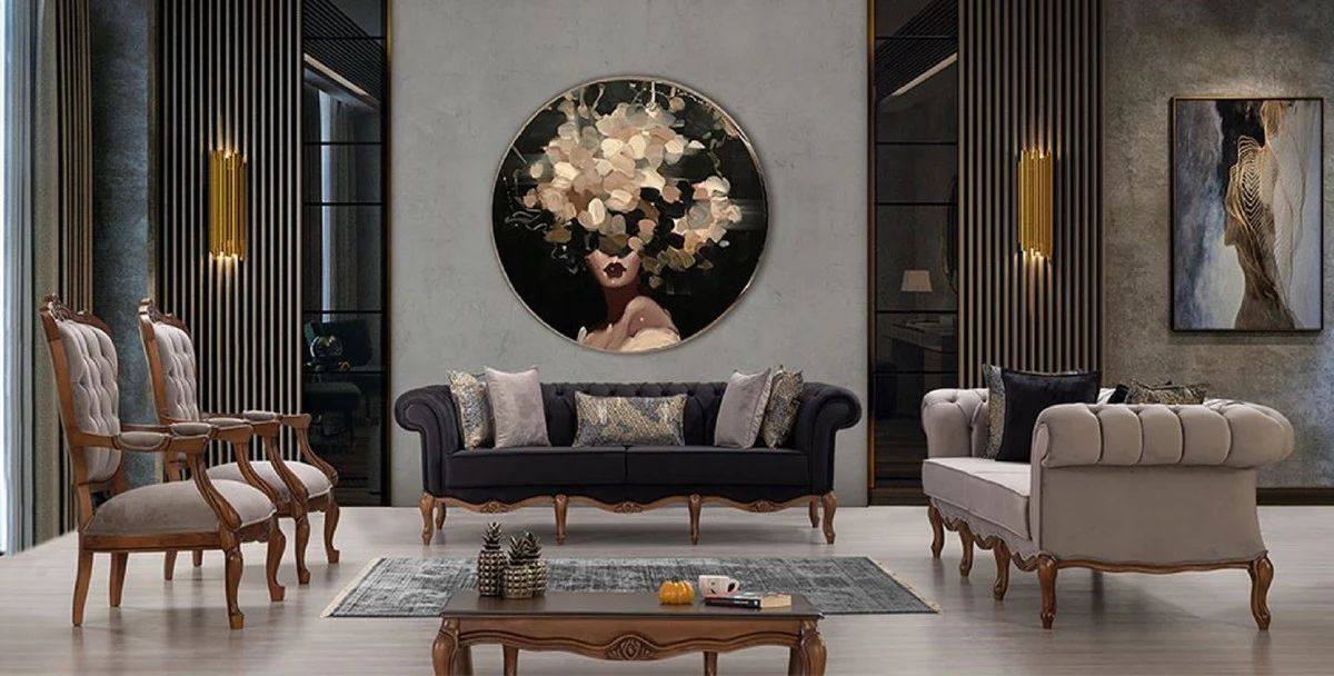 Casa Padrino conjunto de sala de estar barroco de lujo negro / gris / marr¨®n - 2 Sof¨¢s y 2 Sillones y 1 Mesa de Centro - Muebles de sal¨®n en estilo barroco - Noble y Magn¨ªfica