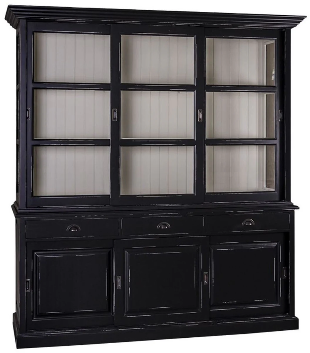 Casa Padrino Gabinete de Cocina Estilo Country Negro Antiguo / Blanco 206 x 53 x H. 219 cm - Gabinete de Cocina de 2 Piezas con 6 Puertas Corredizas y 3 Cajones