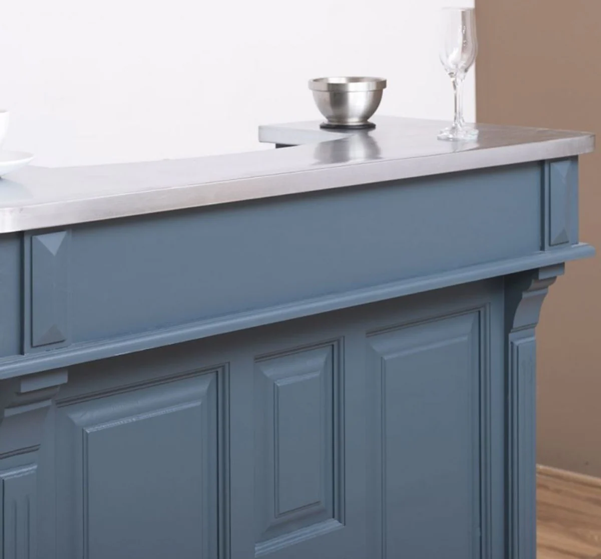 Casa Padrino barra de bar de estilo campestre azul / plata 120 x 65 x A. 107 cm - Barra de bar de madera maciza con sobre de mesa galvanizado - Muebles de bar en estilo campestre