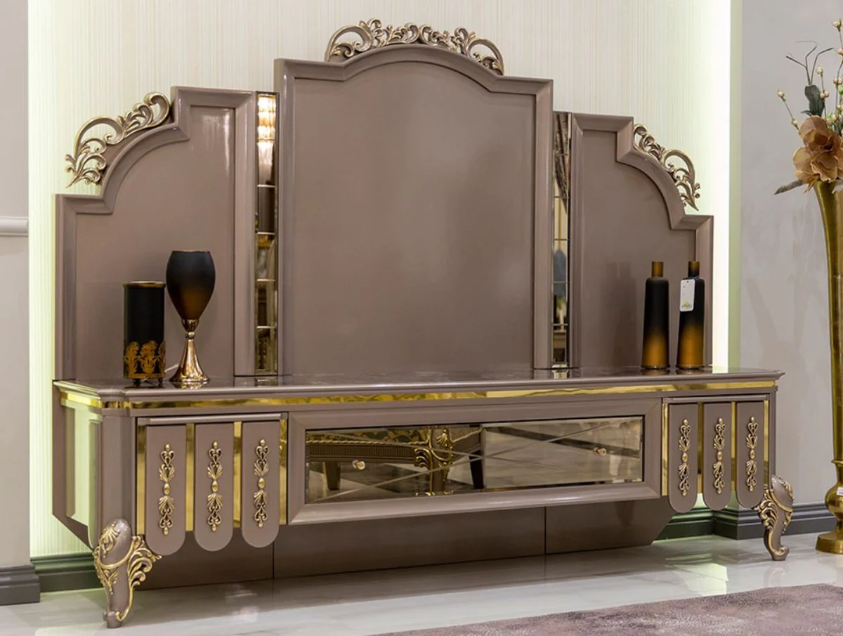 Casa Padrino gabinete de TV barroco de lujo negro / gris / oro 214 x 52 x A. 164 cm - Gabinete de madera maciza - Gabinete de sala de estar - Noble y Magnífico