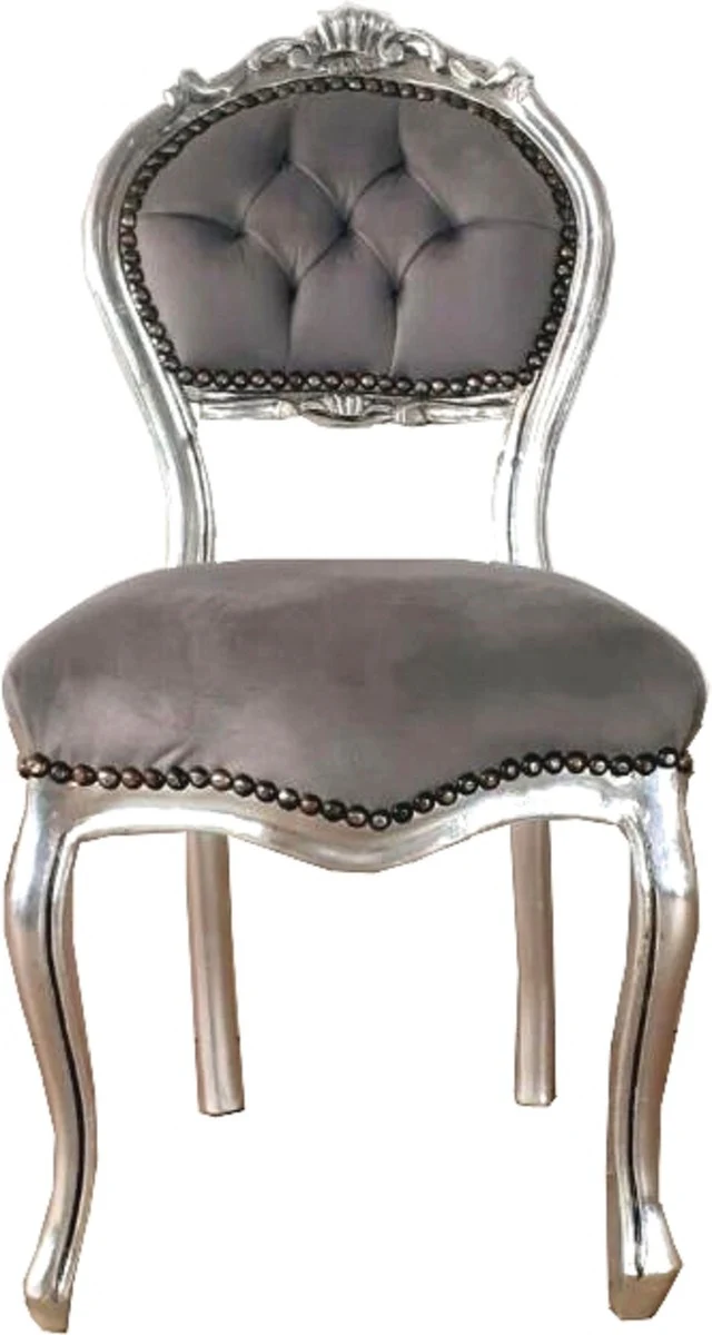Casa Padrino silla de damas barroco gris / plata 40 x 44 x A. 83 cm - Silla de tocador hecha a mano con terciopelo noble - Muebles de estilo barroco