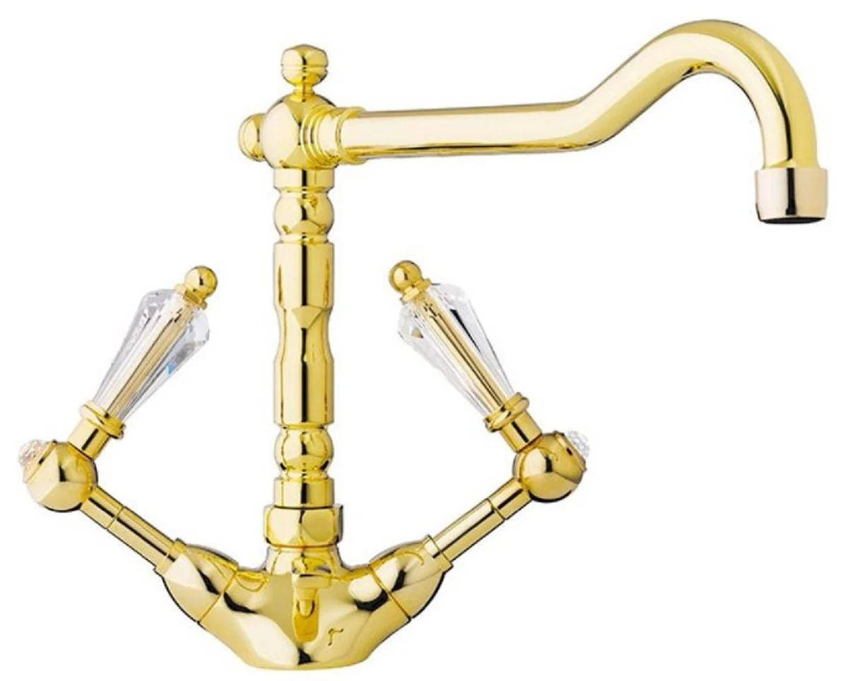 Casa Padrino mezclador de lavabo Art Nouveau de lujo con cristal Swarovski oro A. 23,5 cm - Accesorios de baño nostálgicos - Calidad de Lujo - Hecho en Italia