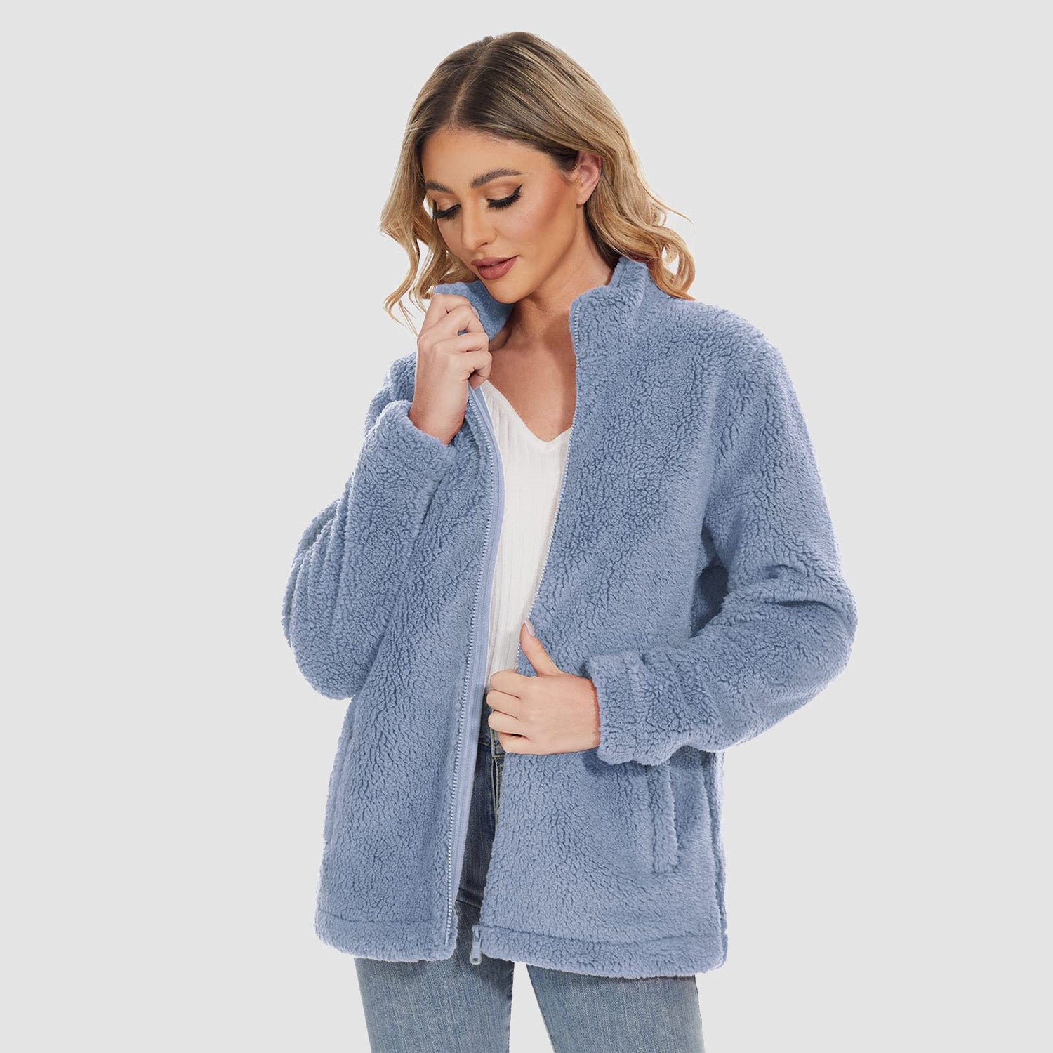 Women Sherpa Jacket Full-Zip Fuzzy Fleece Teddy Casual Coats Zip Pockets Winter Warm Soft Jackets