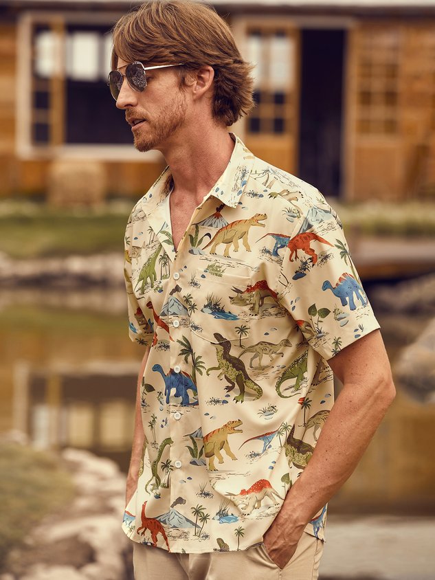 Dinosaur Chest Pocket Short Sleeve Hawaiian Shirt