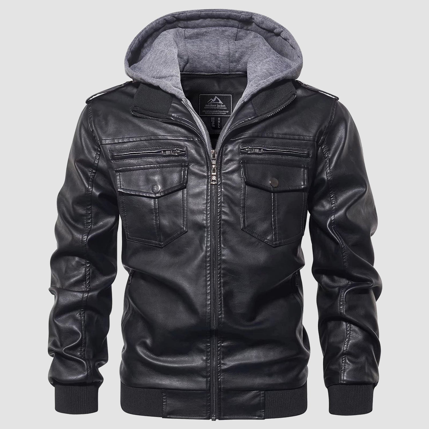 Men's PU Faux Leather Jacket Bomber Jacket with Removable Hood Motorcycle Jacket