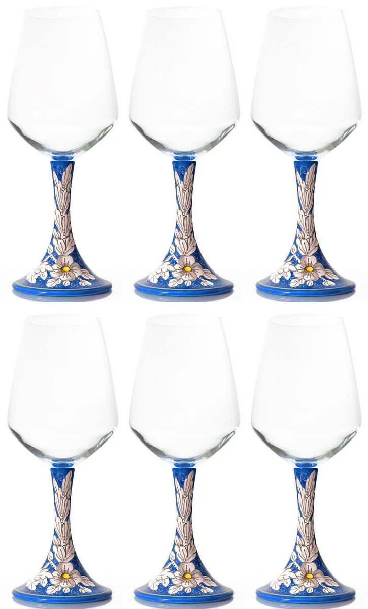 Casa Padrino conjunto de 6 copas de vino de cer¨¢mica de lujo azul / multicolor A. 23,5 cm - Copas de vino hechas y pintadas a mano - Accesorios hoteles y restaurantes - Hecho en Italia