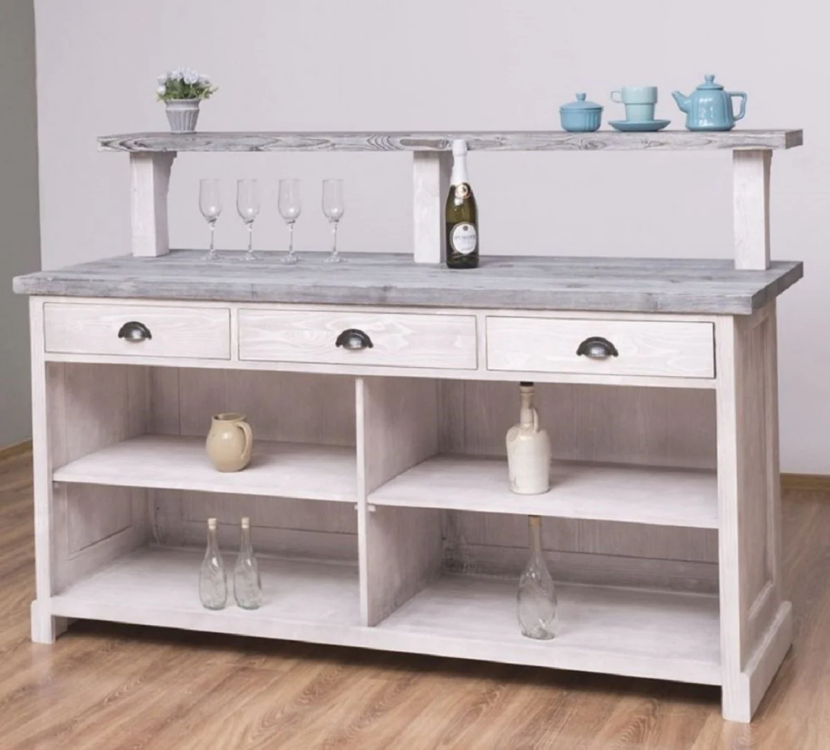 Casa Padrino barra de bar de estilo campestre gris claro / gris 180 x 68 x A. 120 cm - Barra de bar de madera maciza - Muebles de bar de madera maciza - Muebles de bar en estilo campestre