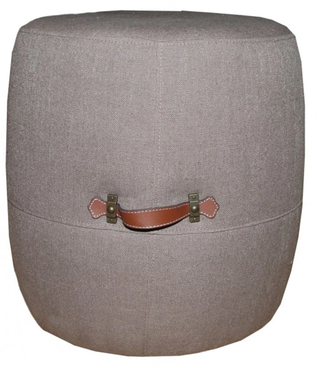 Dise?ador Casa Padrino sentado taburete redondo de color beige con asas de cuero genuino estilo colonial - caba?a en mal estado