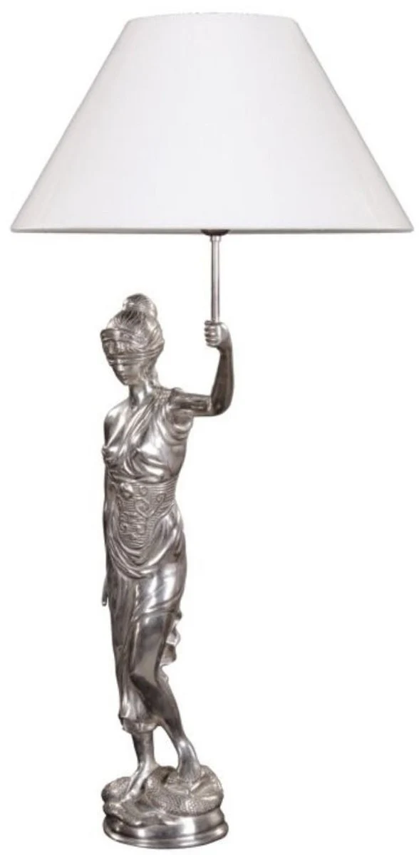 Casa Padrino lámpara de mesa con figura de bronce Justitia plata / blanco 55 x 48 x H. 105 cm - Lámpara de Mesa Hotel & Restaurant