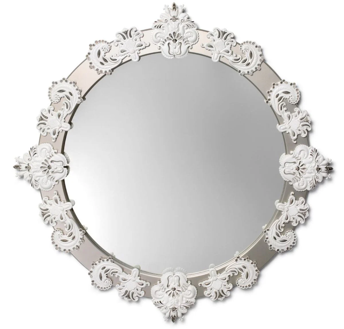 Casa Padrino Designer Wall Mirror Silver / White ? 124 cm - Luxury Mirror with Handmade Porcelain Decoration made of the finest Spanish Porcelain