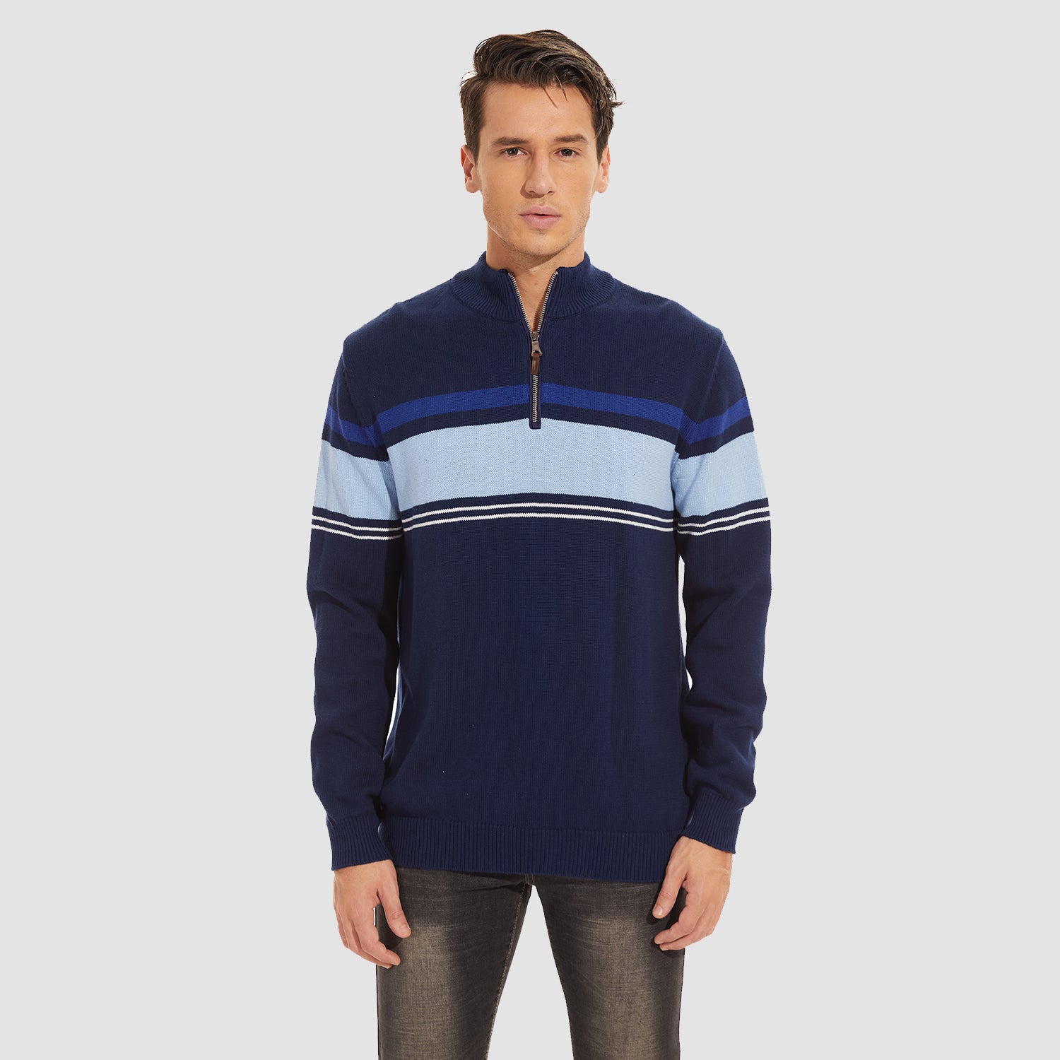 Men's Sweater Half Zipper Turtleneck Warm Pullover Slim Fit Casual Comfortable Striped Knitted Sweaters