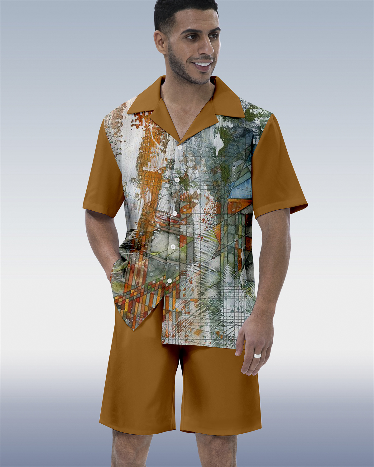 Men's Ombre Contrast Ethnic Print Hawaiian Vacation Short Sleeve Suit 067