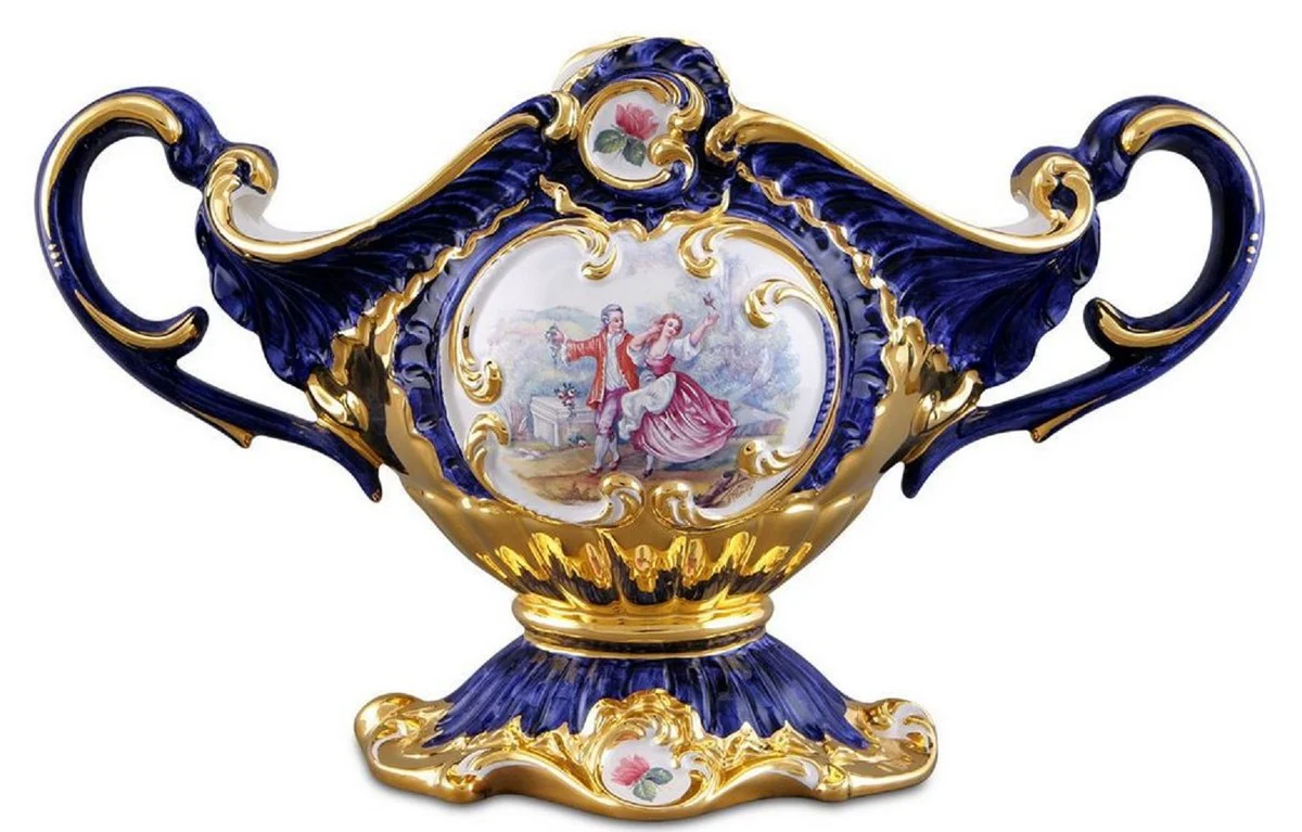 Casa Padrino Tazón Barroco Azul / Oro / Multicolor 46 x 22 x H. 29 cm - Tazón de Cerámica Pintado a Mano con Motivo Romántico