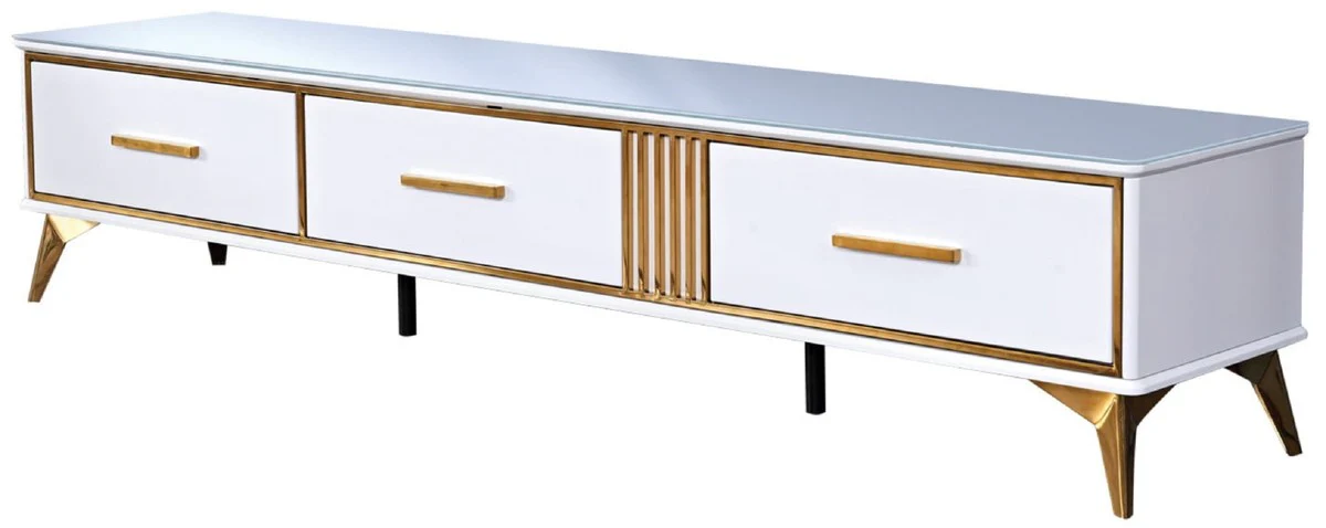 Casa Padrino armario de TV de lujo blanco / oro 200 x 40 x H. 41 cm - Aparador de sal¨®n moderno con 3 cajones - Mueble TV de sal¨®n moderno