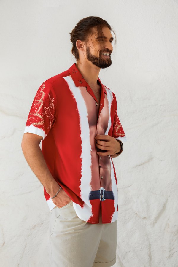 Men's New Santa Outfit Print Casual Breathable Hawaiian Short Sleeve Shirt