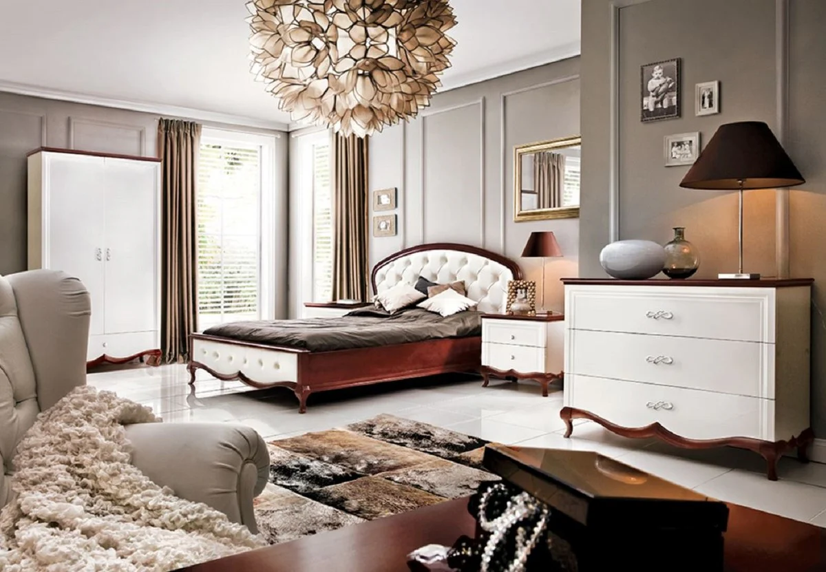 Casa Padrino armario de dormitorio Art Nouveau de lujo blanco alto brillo / marr¨®n 114 x 62,5 x A. 209,5 cm - Armario de madera maciza con 2 puertas y caj¨®n - Muebles de Dormitorio