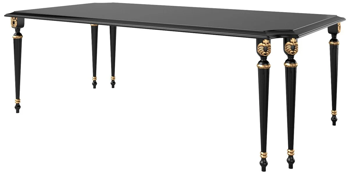 Casa Padrino Conjunto de Comedor Barroco de Lujo Negro / Oro Antiguo - 1 Mesa de Comedor y 6 Sillas de Comedor - Muebles de Comedor Barroco - Calidad de Lujo - Noble y Espl¨¦ndido