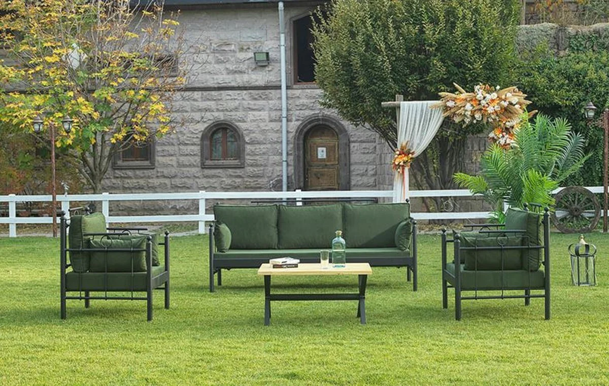 Casa Padrino Art Nouveau Conjunto de Muebles de Jardín Verde Oscuro / Negro - 1 Sofá y 2 Sillones y 1 Mesa - Muebles de Jardín y Patio en Estilo Art Nouveau