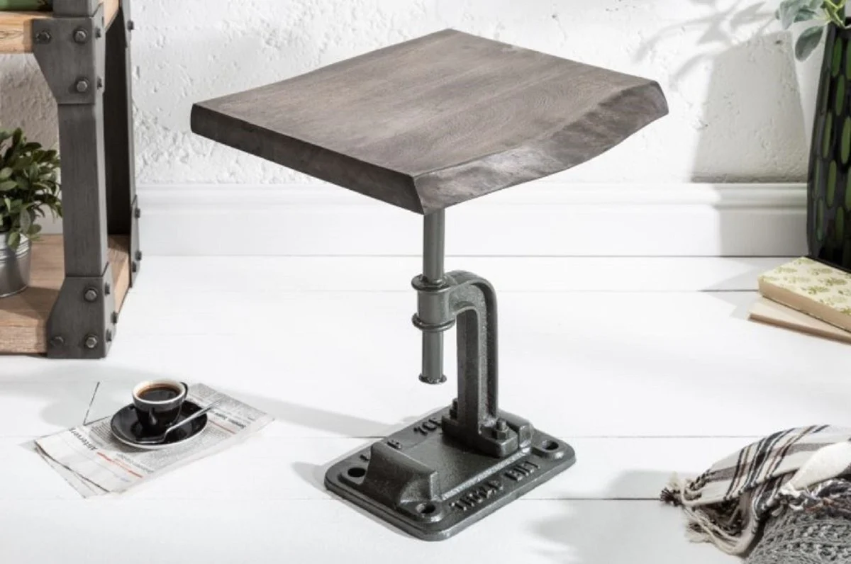 Casa Padrino mesa auxiliar de dise?o industrial gris 43 x 35 x A. 46 cm - Mesa de metal de estilo industrial con tablero de madera maciza - Muebles de dise?o industrial