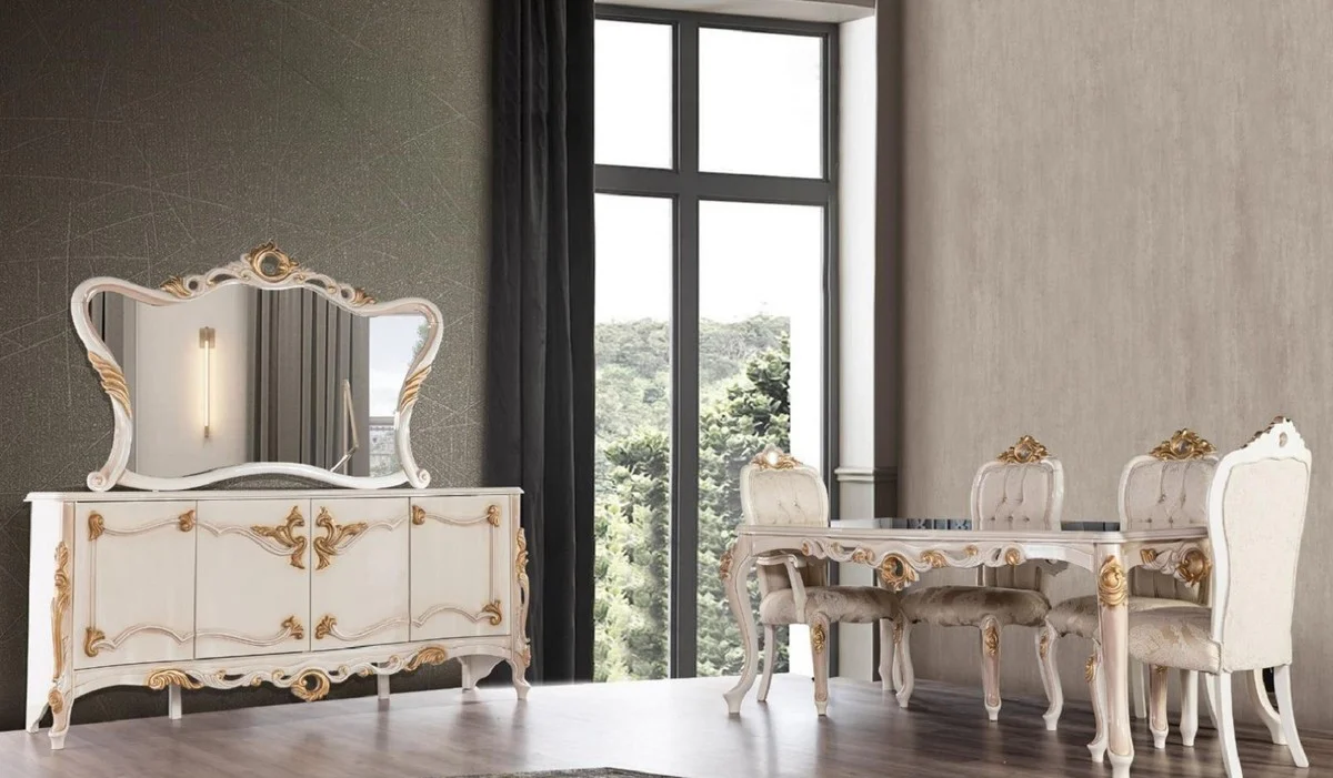 Casa Padrino conjunto de muebles barrocos de lujo blanco / beige / oro - 1 Aparador Barroco con 4 Puertas y 1 Espejo de Pared Barroco - Muebles Barroco - Noble y Magnífico