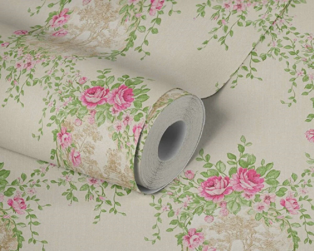 Casa Padrino papel pintado barroco no tejido crema / verde / rosa - Papel pintado de salón de estilo barroco con elegante patrón floral - Accesorios de decoración barroco