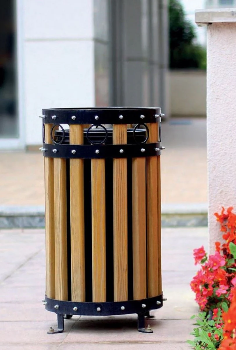 Casa Padrino papelera de parque negro / natural A. 63 cm - Papelera urbana redonda