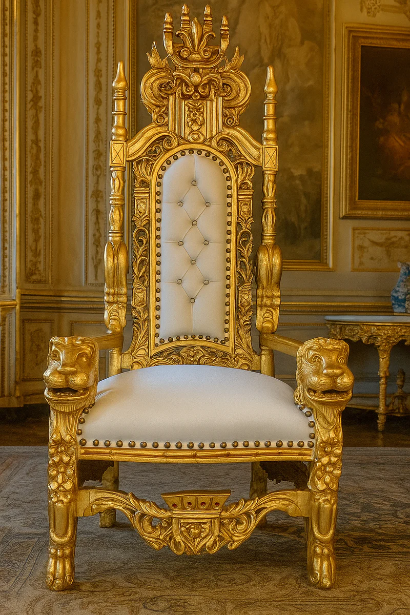 Casa Padrino sill¨®n de trono barroco con cuero artificial y pedrer¨ªa blanco / oro - Sill¨®n real hecho a mano - Magn¨ªfico sill¨®n de boda - Sill¨®n gigante barroco - Muebles barrocos