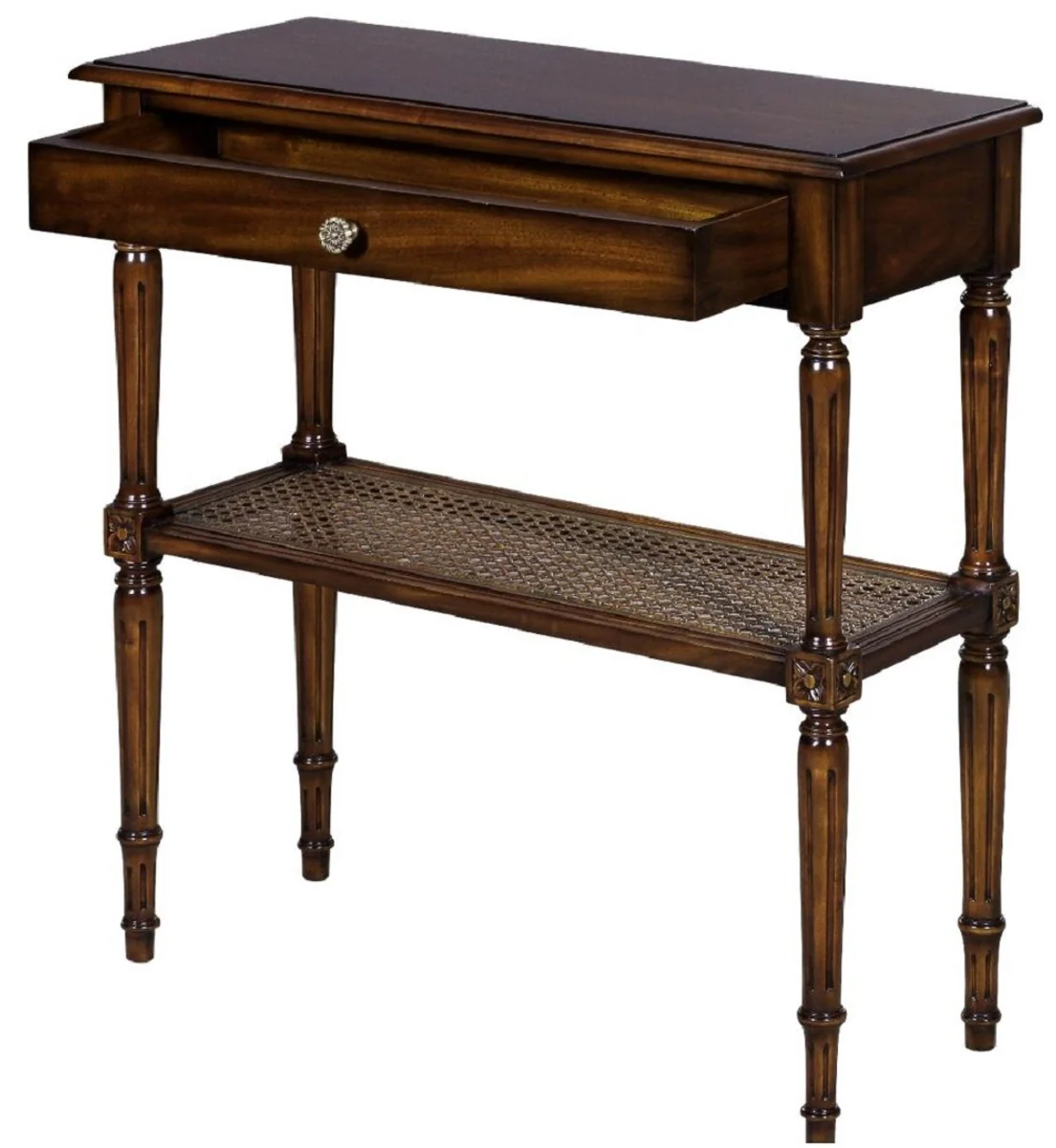 Casa Padrino mesita de noche Art Nouveau de lujo marr¨®n 71 x 28 x A. 76 cm - Elegante mesita de noche de madera maciza - Mesa auxiliar con caj¨®n y estante de rat¨¢n - Muebles de Dormitorio