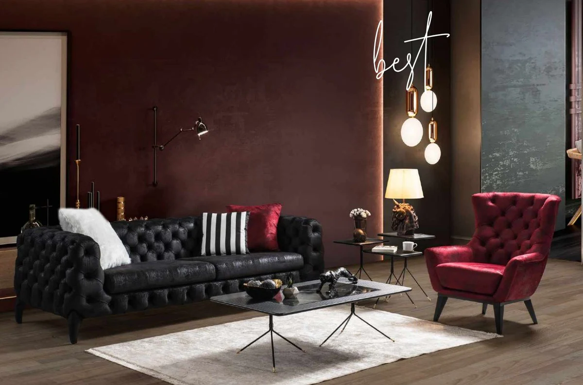 Casa Padrino Sof¨¢ Chesterfield de Lujo Negro 235 x 98 x A. 72 cm - Sof¨¢ de Sala de Estar - Muebles de Sala de Estar Chesterfield