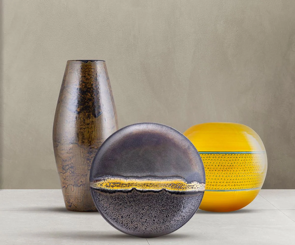 Casa Padrino jarrón de cerámica de lujo amarillo / azul / negro Ø 30 x A. 26 cm - Florero redondo hecho y pintado a mano - Accesorios decorativos - Calidad de lujo - Hecho en Italia