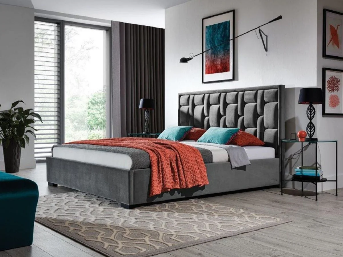 Casa Padrino Cama Matrimonial de Lujo Gris / Negro - Varios Tamaños - Cama Moderna de Madera Maciza con Cabecero - Muebles Dormitorio - Colección de Lujo