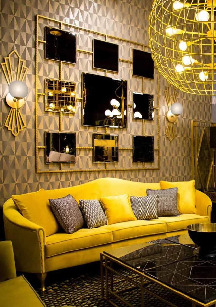 Casa Padrino sof¨¢ de terciopelo barroco de lujo amarillo / oro 280 x 90 x A. 100 cm - Noble sof¨¢ de sal¨®n con cojines decorativos - Muebles de sal¨®n barrocos - Calidad de Lujo