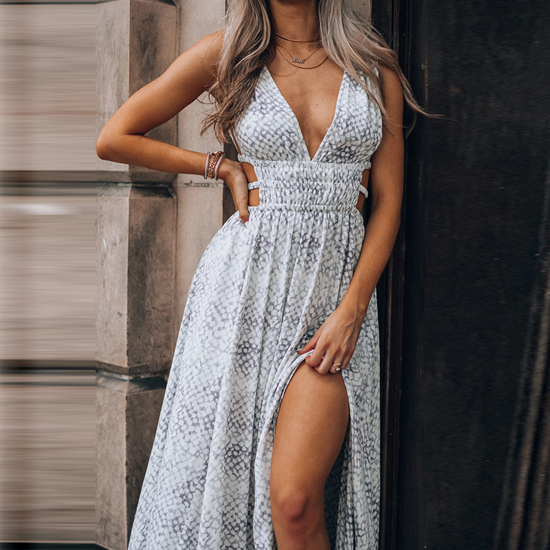 Fashion V-neck Sleeveless Slit Printed Dress