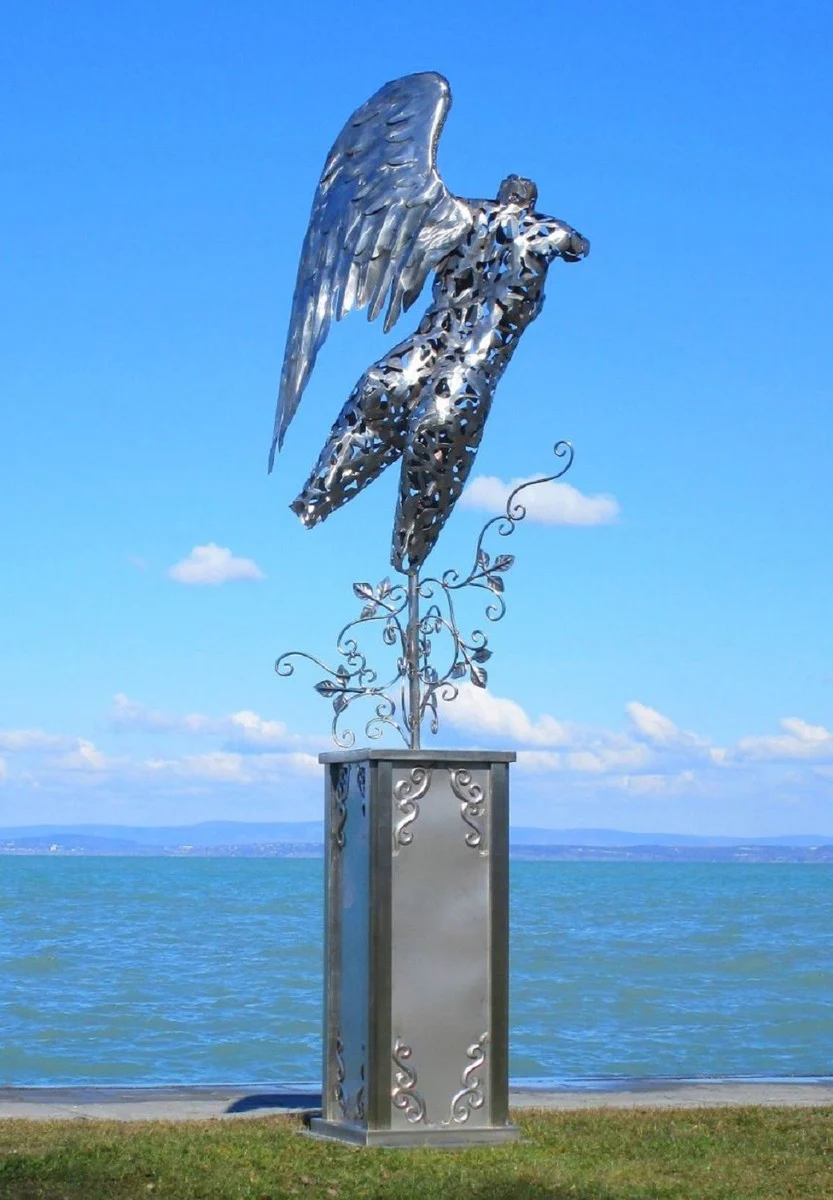 Casa Padrino escultura de decoración de jardín de lujo ángel en columna plata 53 x 98 x A. 300 cm - Figura decorativa grande de acero inoxidable - Figura de Jardín - Decoración de Jardín de Hotel