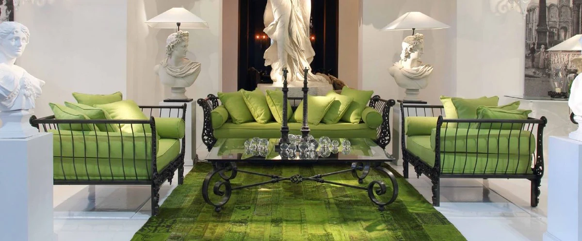 Casa Padrino Conjunto de Muebles de Hierro Forjado Barroco de Lujo Verde / Negro - 1 Sof¨¢ & 2 Sillones & 1 Mesa de Centro - Muebles de Sal¨®n - Muebles Jard¨ªn - Muebles Barrocos de Lujo
