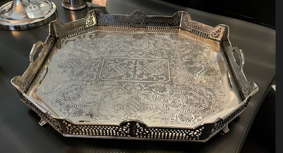 Casa Padrino luxury art deco brass tray nickel finish 52 x 42 x H. 8 cm - Limited Edition