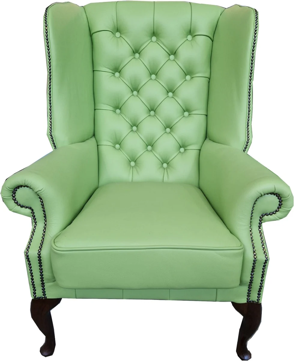 Casa Padrino sill¨®n orejero Chesterfield de cuero genuino de lujo verde claro / marr¨®n oscuro A. 110 cm